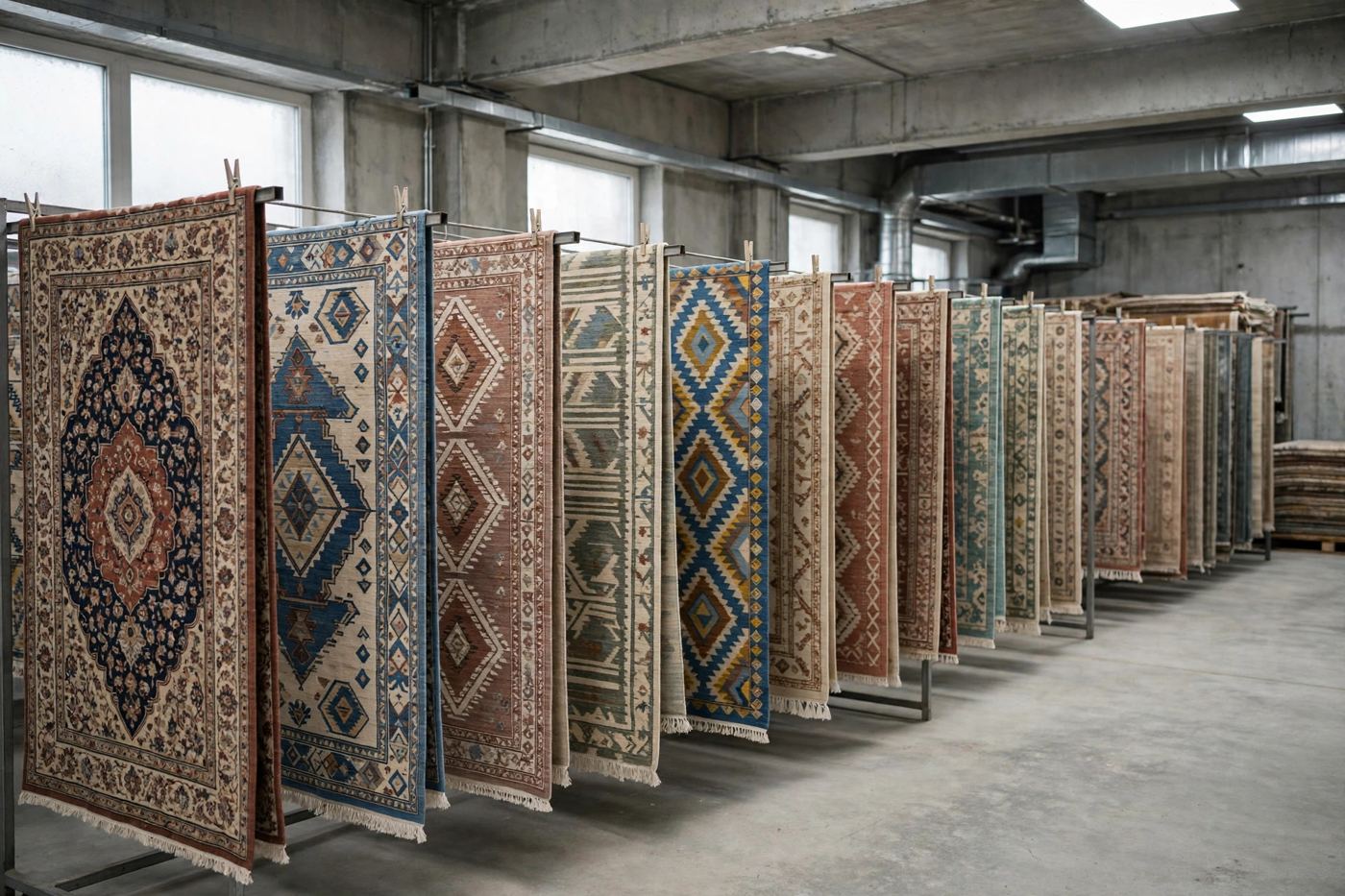 Rugs hanging to dry in a drying room