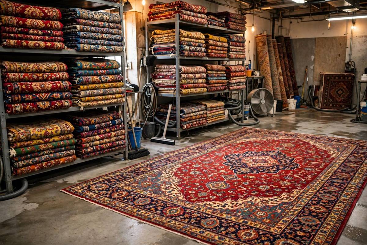 Patterned rugs stacked in a rug workshop